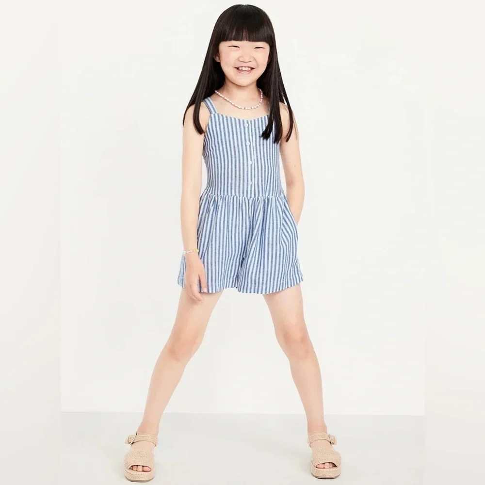 Old Navy Girls Sleeveless Linen Blend Button Front Romper 8 Blue White Stripe